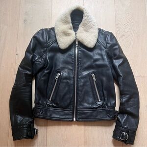 Maje Black Leather Jacket with Cream Shearling Collar